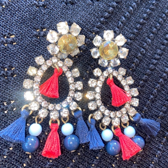 Patriotic Fringe Hand-Beaded Earrings – Salty Mustang Co J. Crew Statement Earrings Dangle Chandelier Fringes Patriotic Nautical